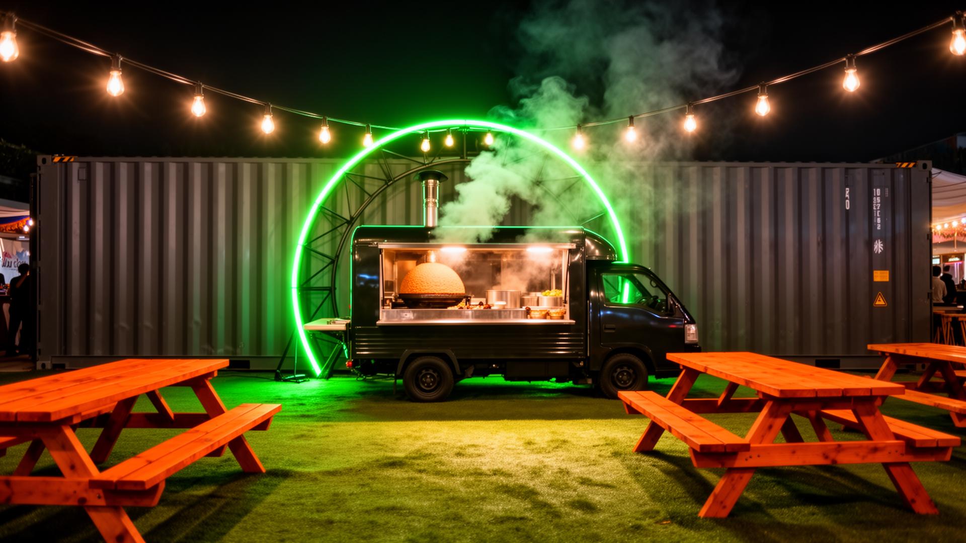 FOMO Indian restaurant Tampa — food truck under glowing lime arch at night